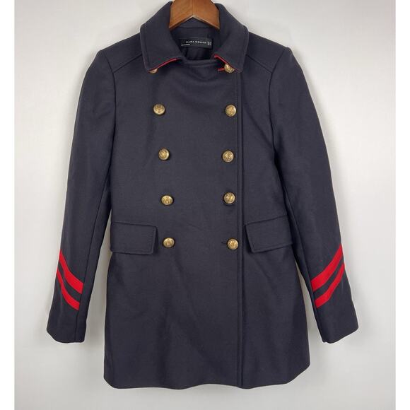 Zara Black Double-Breasted Coat with Red Accents - Picture 2 of 12